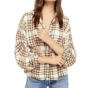 Free People We The Free Pacific Dawn Plaid Balloon Sleeve Flannel Button Down